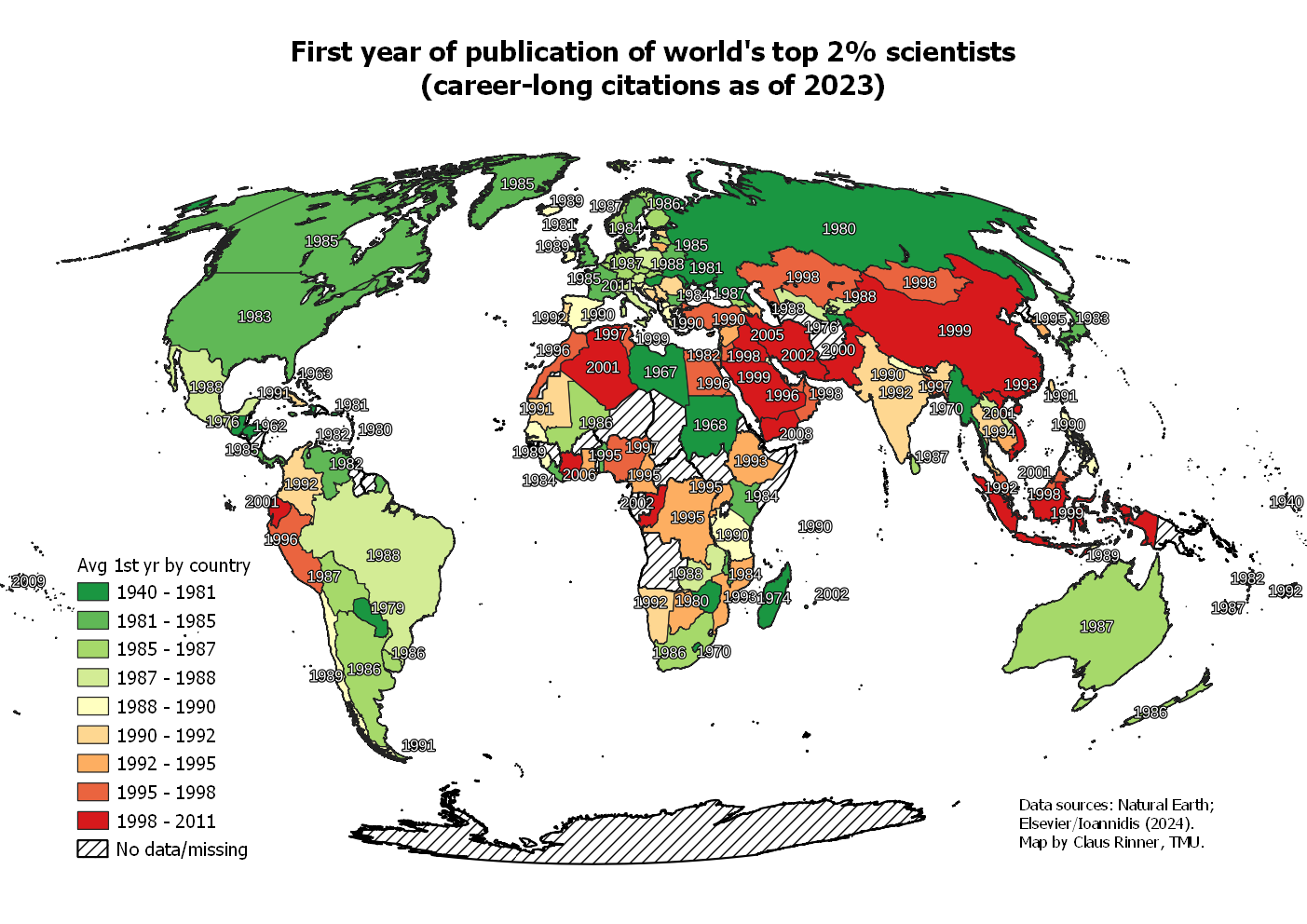 Map of average first year of publication by country